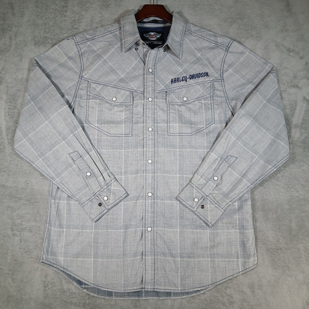 Harley Davidson Western Shirt Mens L Grey Plaid Pearl Snap 100% Cotton - Picture 9 of 10